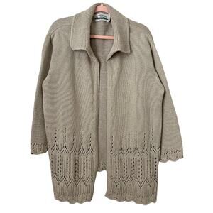 Aran Crafts Ireland Cardigan Womens Large Tan Knit Eyelet Fisherman Sweater